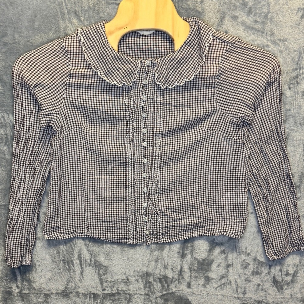 2159 | Lucky Brand Gingham Peter Pan Collar Cottagecore Blouse Black Women L